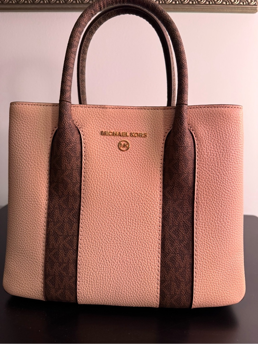 MICHAEL KORS cream and brown Logo-Trim Pebbled Leather Satchel BNWT